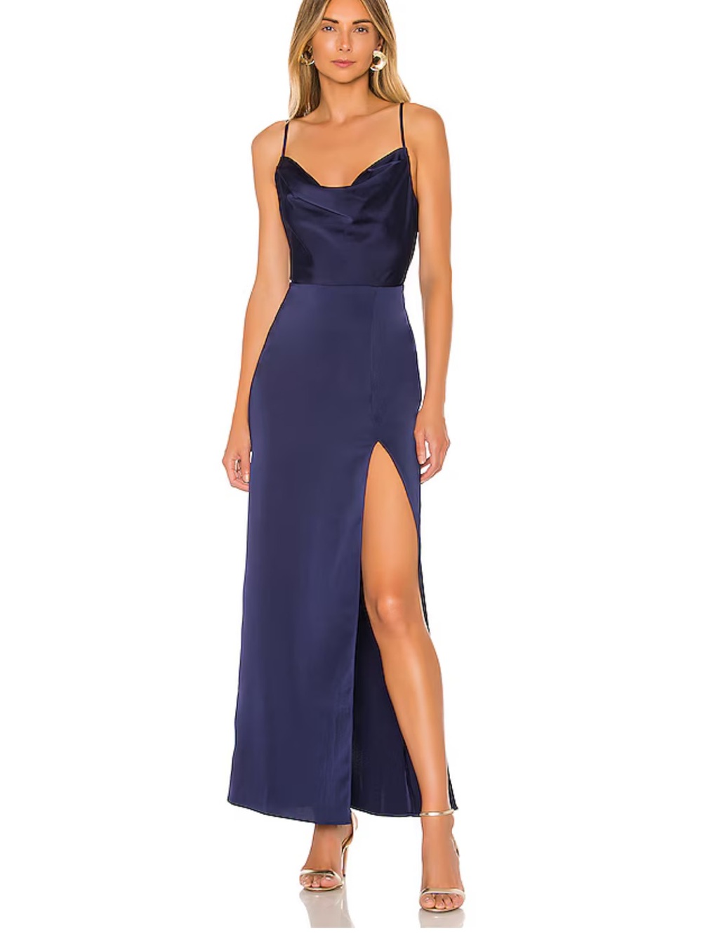 NBD Navy Satin Cowl Neck Maxi Dress with High Slit